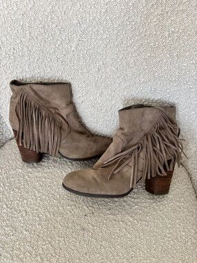 Fringed Suede Ankle Boots in Taupe | Women's Size 8.5